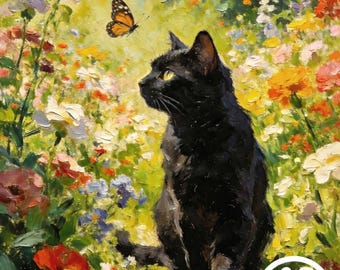 May include: An oil painting depicts a black cat in a vibrant flower garden, gazing at a butterfly. The artwork features a variety of colorful flowers and lush greenery. A white circle with the text "48 HOURS" is in the bottom right corner.