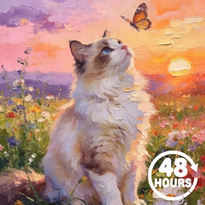 May include: Oil painting of a fluffy cat with blue eyes gazing at a butterfly. The cat is in a field of wildflowers, with a sunset in the background. The painting has a warm color palette of orange, pink, and purple. The text "48 HOURS" is in the bottom right corner.