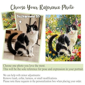 May include: A digital graphic featuring the text Choose Your Reference Photo, Background B5, and Choose one photo you love the most. This will be the sole reference for pose and expression in your portrait. It displays a black and white cat.