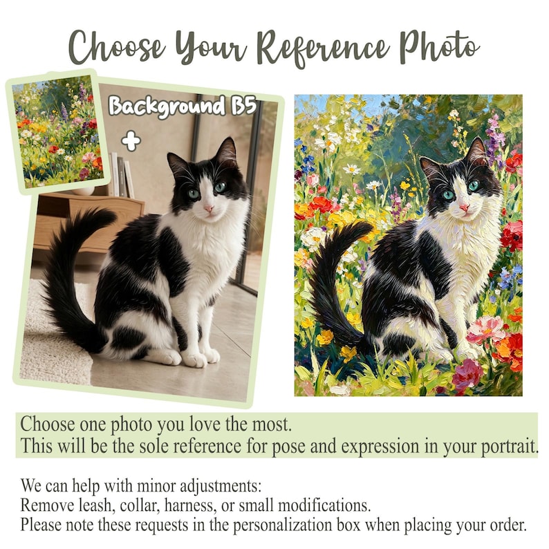 May include: A digital graphic featuring the text Choose Your Reference Photo, Background B5, and Choose one photo you love the most. This will be the sole reference for pose and expression in your portrait. It displays a black and white cat.