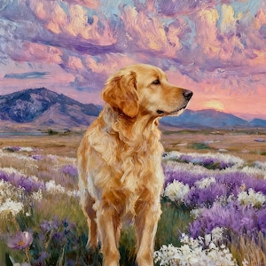 May include: An oil painting of a golden retriever standing in a field of purple and white wildflowers. The dog faces right, set against a landscape of distant mountains and a vibrant sunset sky filled with textured pink and blue clouds.