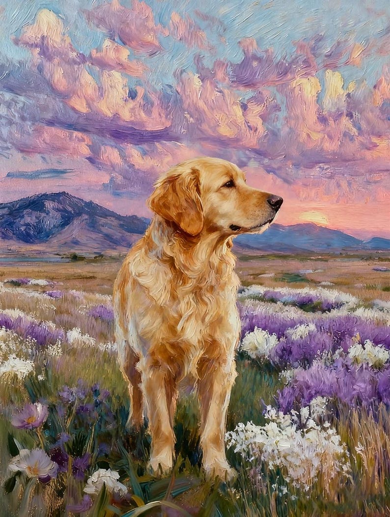 May include: An oil painting of a golden retriever standing in a field of purple and white wildflowers. The dog faces right, set against a landscape of distant mountains and a vibrant sunset sky filled with textured pink and blue clouds.