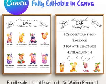 Menu modificabile per bar di limonata per feste di laurea personalizzate, modello Canva e ricettario per bar di limonata, bevanda stampabile per laureati della classe del 2025
