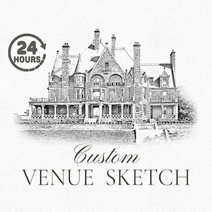 Könnte beinhalten: Eine Schwarzweißskizze eines großen, mehrstöckigen Hauses mit einer Veranda und einem großen Garten. Der Text "Custom Venue Sketch" befindet sich unterhalb des Hauses.