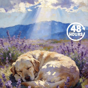 May include: An oil painting depicts a sleeping golden Labrador Retriever curled up in a field of lavender. The sky is blue with white clouds and sun rays. The text "48 HOURS" is in a white circle.