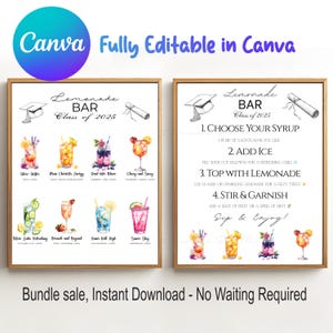 Custom Graduation Party Lemonade Bar Editable Menu Sign and Lemonade Bar Recipe Bundle Canva template Class of 2025 grad Printable Drink