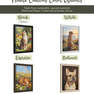 May include: Four framed canvas prints with different animal illustrations. The frames are available in black, white, espresso, and natural colors. The text reads Frame Canvas Color Options, Made from sustainably sourced materials, and Default color: Black.