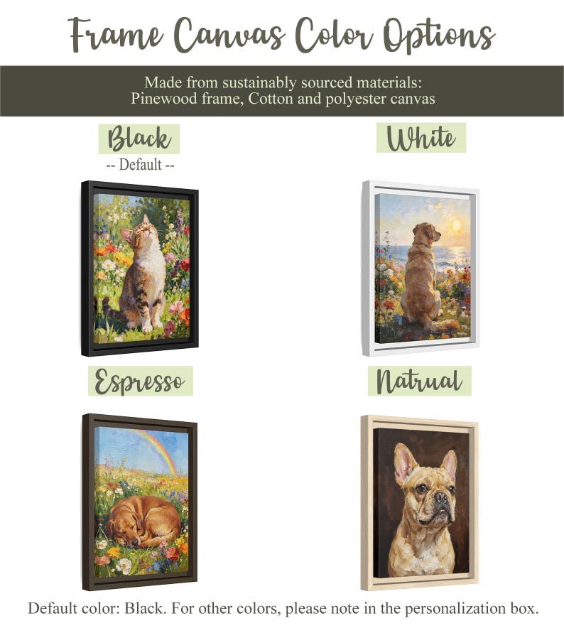 May include: Four framed canvas prints with different animal illustrations. The frames are available in black, white, espresso, and natural colors. The text reads Frame Canvas Color Options, Made from sustainably sourced materials, and Default color: Black.
