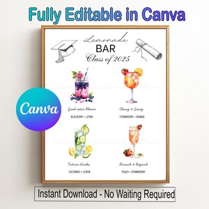 Graduation Party Lemonade Bar Editable Menu Sign Canva template 16 Drink Sign Class of 2025 grad Printable Grad Drink Station Decor Download