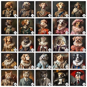 Op de afbeelding: Een collage van 50 afbeeldingen met verschillende huisdieren die gekleed zijn in mensenkleding. De huisdieren dragen een verscheidenheid aan outfits, waaronder pakken, jurken en zelfs kronen. De afbeeldingen zijn gerangschikt in een rasterpatroon, waarbij elke afbeelding is genummerd.
