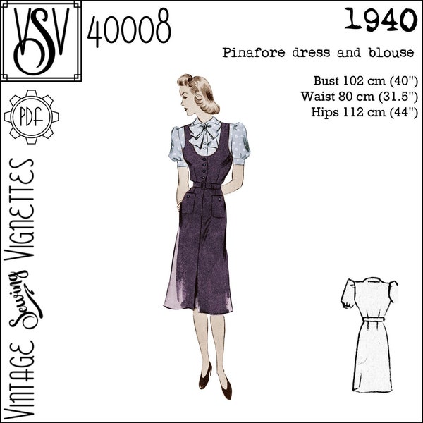 1940's Pinafore dress and blouse (B40"/102 cm) PDF sewing pattern [VSV 40008]