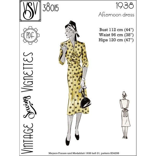1930's Afternoon dress (B44"/112 cm) PDF sewing pattern [VSV 38015]