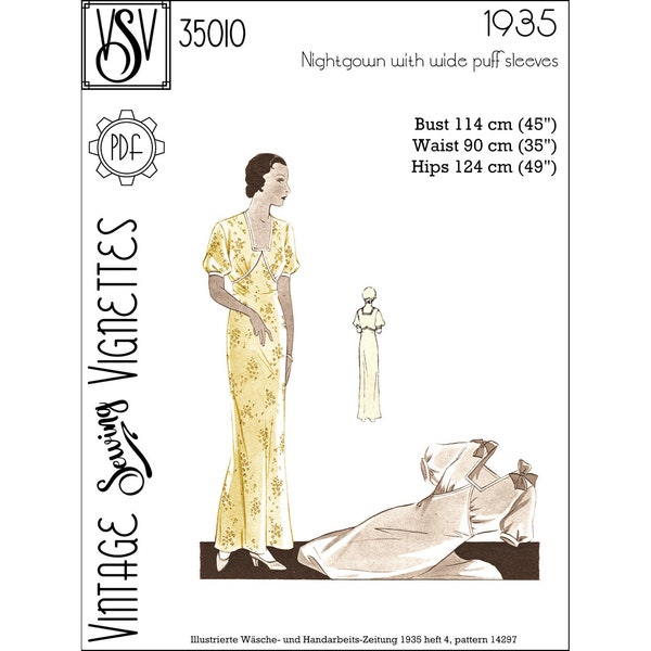 1930's Nightgown with wide puff sleeves (B45"/114 cm) PDF sewing pattern [VSV 35010]