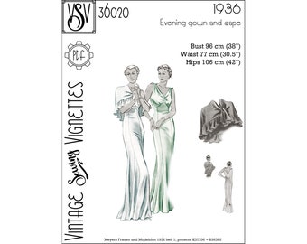 1930's Evening gown and cape (B38"/96 cm) PDF sewing pattern [VSV 36020]