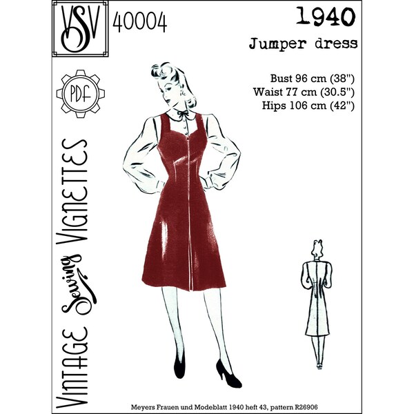 1940's Jumper dress with front zipper (B38"/96 cm) PDF sewing pattern [VSV 40004]