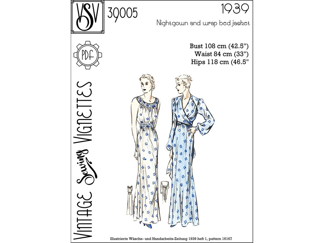 1930's Nightgown and Wrap Bed Jacket b42.5/108 Cm PDF Sewing Pattern ...