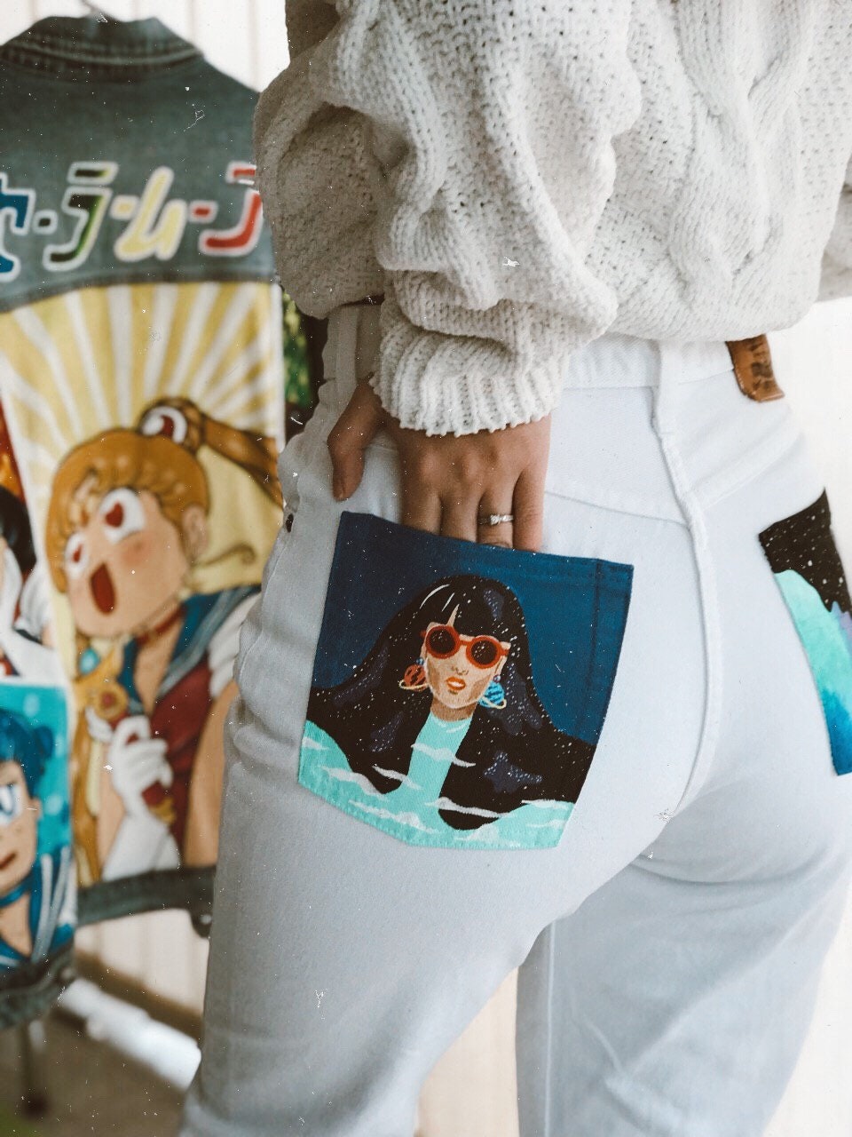 Hand painted mom jeans with space girl on pockets Handpainted Etsy