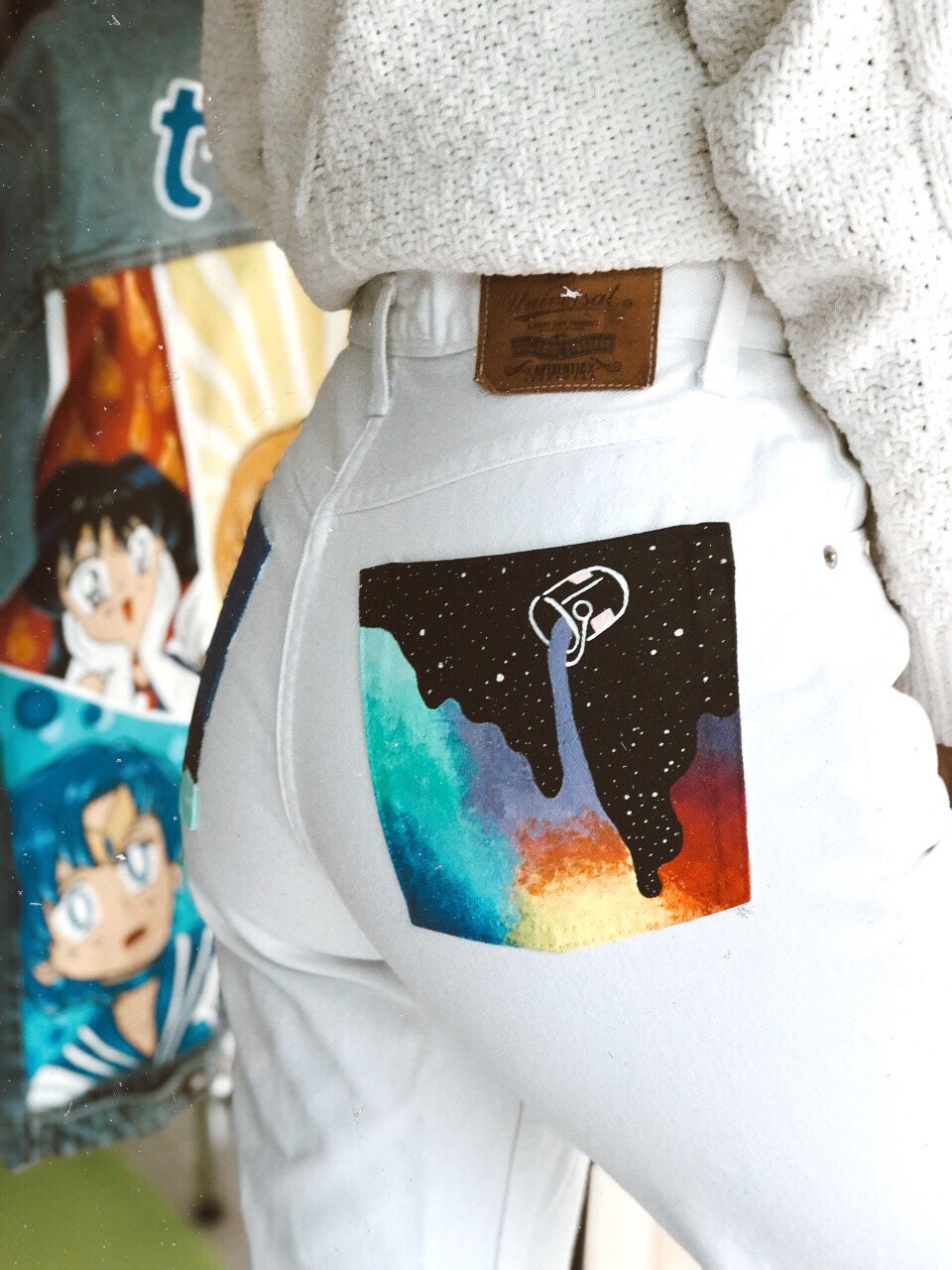 Hand Painted Mom Jeans With Space Girl on Pockets Handpainted Etsy