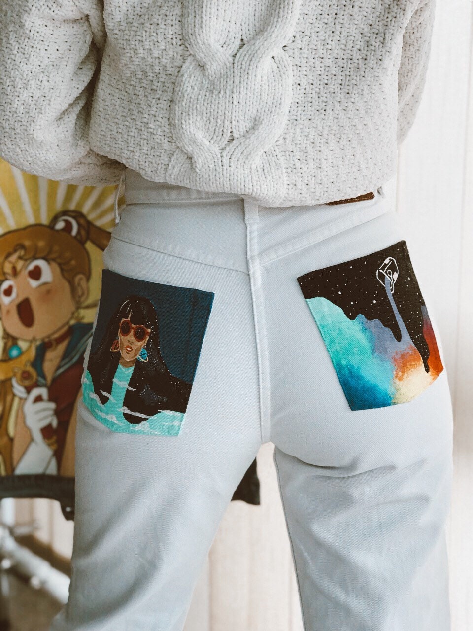 Hand Painted Mom Jeans With Space Girl on Pockets Handpainted Etsy