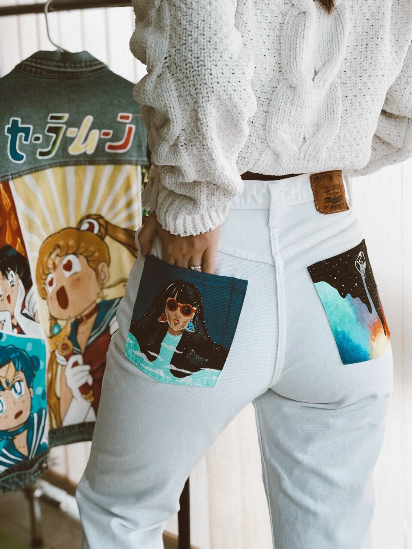 Hand Painted Mom Jeans With Space Girl on Pockets Handpainted Etsy