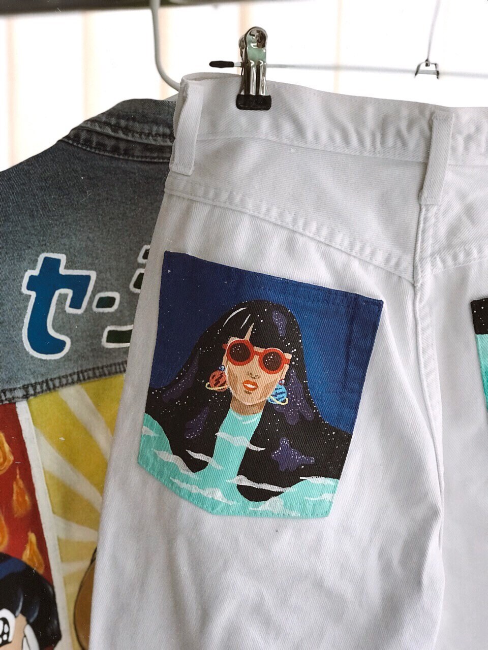 Hand Painted Mom Jeans With Space Girl on Pockets Handpainted Etsy