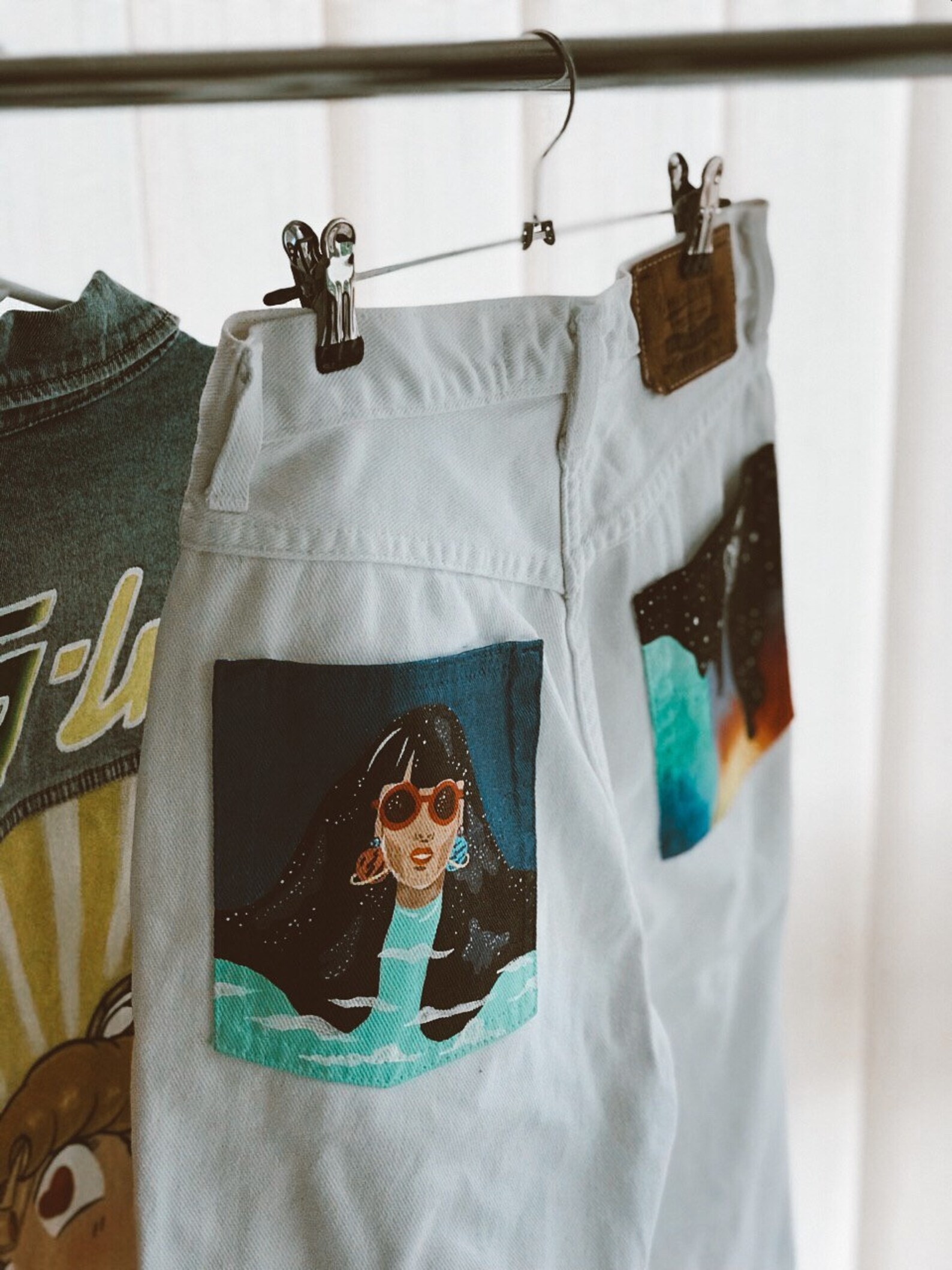 Hand painted mom jeans with space girl on pockets Handpainted Etsy