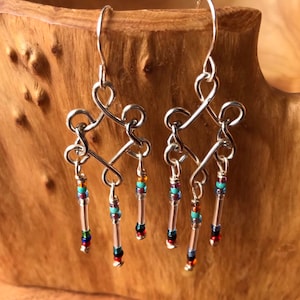 Scroll Chandelier Earrings, Multi Color Seed and Bugle Bead Earrings, Tiered Silver Dangle Earrings, Gift For Her