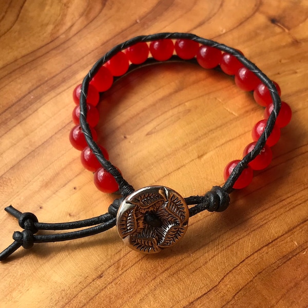 Orange Cats Eye Ladder Bracelet, Black Leather Beaded Bracelet, Antiqued Silver Button, Gift for Her, Gift for Him, Orange Bracelet