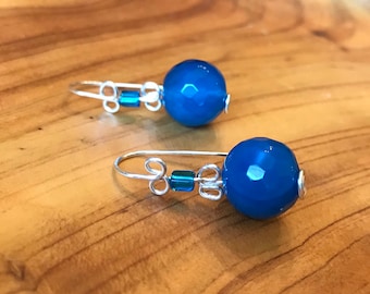 Blue Agate Gemstone Drop Earrings, Small Bead Accents, Blue Earrings, Silver Scroll Ear Wires, Gift For Her