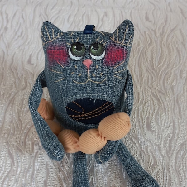 Denim cat keychain Kitty Cute cat Jeans cat Original gift