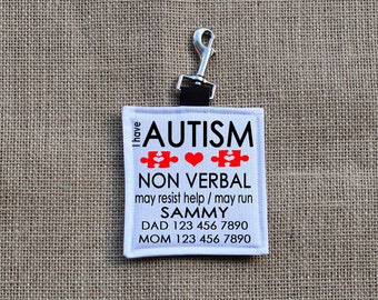 Autism Alert Hang Tag, Personalized Medical Alert Hanging Patches, Autism NON Verbal Key Fobs tags, Hanging Autism Alert Patches,