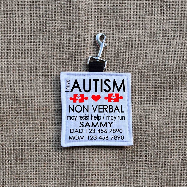 Autism Alert Hang Tag, Personalized Medical Alert Hanging Patches, Autism NON Verbal Key Fobs tags, Hanging Autism Alert Patches,