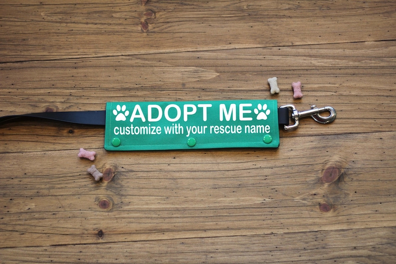 May include: A green dog leash attachment with the text "ADOPT ME" and "customize with your rescue name" in white. The attachment has a silver clasp and is decorated with paw prints. Several dog treats are scattered around the leash.
