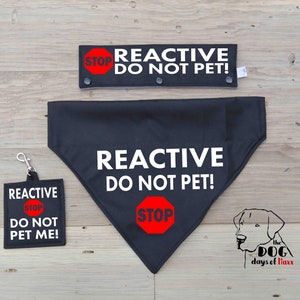 May include: A set of three black dog accessories with the text "Reactive Do Not Pet!" and a red stop sign. The accessories include a bandana, a patch, and a tag.