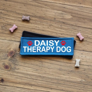 May include: A blue patch with the text "DAISY THERAPY DOG" in white, flanked by red paw prints. The patch sits on a black base, with several dog bone-shaped treats scattered around it on a wooden surface.