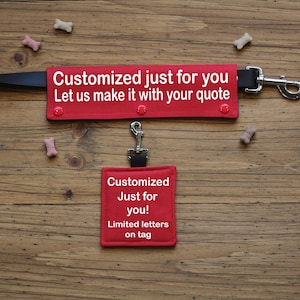 May include: Red dog leash and tag set with silver hardware. The leash features the text "Customized just for you, Let us make it with your quote." The tag reads "Customized Just for you! Limited letters on tag."