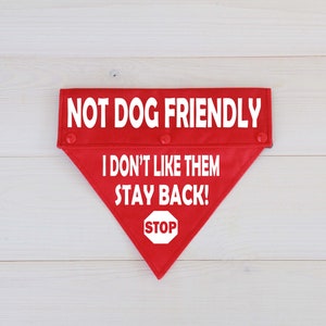 May include: Red dog bandana with white text that reads "Not Dog Friendly I Don't Like Them Stay Back!" and a white stop sign.