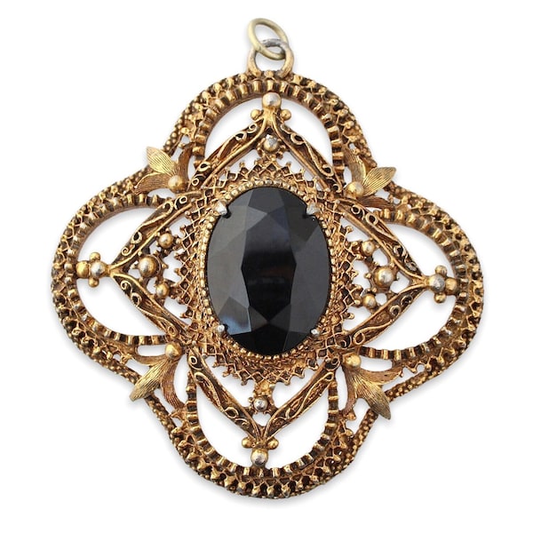 Vintage Florenza Black Glass Quatrefoil Pendant, Gold Tone, Renaissance Revival Jewelry