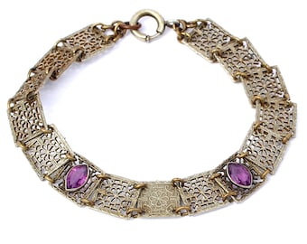 Antique Art Deco Amethyst Glass Panel Bracelet, Floral Openwork Square Link