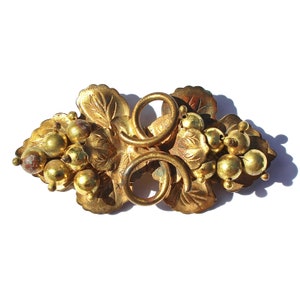 May include: A gold-toned metal brooch with a grapevine design. The brooch features a cluster of grapes and leaves, with a decorative loop in the center.