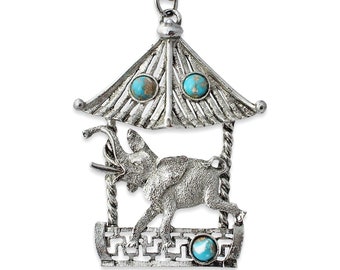 Vintage Elephant Pagoda Pendant Necklace, Silver Tone with Turquoise Glass