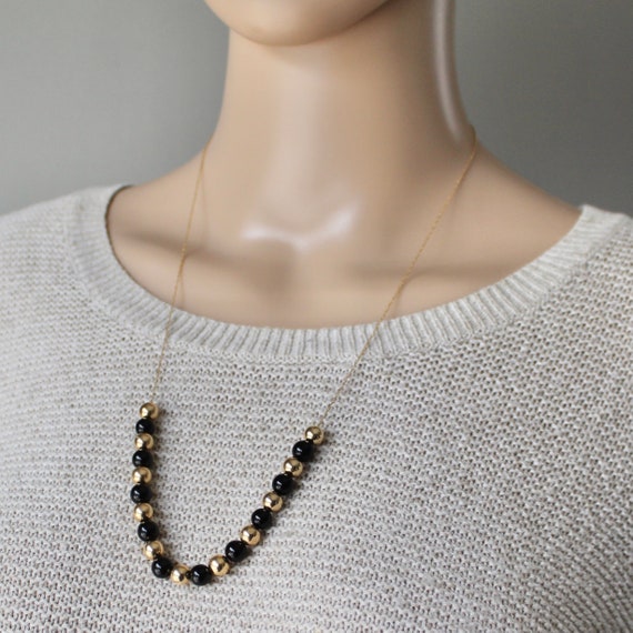 Vintage 14K Gold and Black Onyx Beaded Necklace, … - image 8