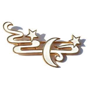 Vintage Crown Trifari Crescent Moon & Stars Brooch, White Enamel Gold Plated, Very Rare 1960s