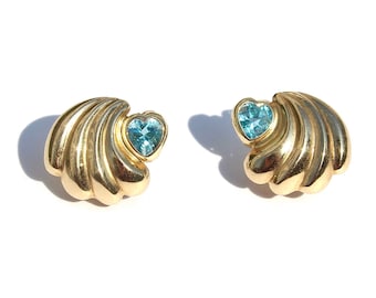 Vintage 14K Gold Blue Topaz Heart Earrings