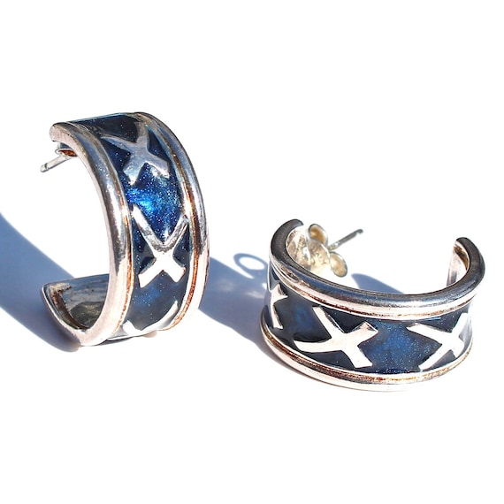 Vintage Sterling Silver Blue Enamel “X” Hoop Earr… - image 1
