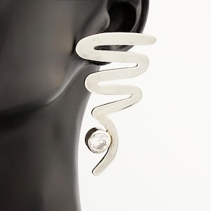 Vintage Taxco Sterling Silver Cubic Zirconia Earrings, Large Zig-Zag Tornado