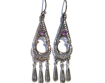 Vintage Amethyst Sterling Silver Long Dangle Earrings, Teardrop & Crescent Moon Shape, Bohemian Style Openwork