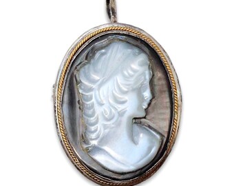 Vintage Italian Mother of Pearl Shell Cameo Pendant / Brooch, 800 Silver & Gold Wire