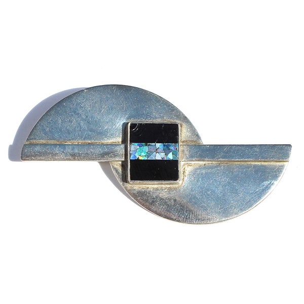 Vintage Great Falls Metal Works Opal & Onyx Sterling Silver Brooch