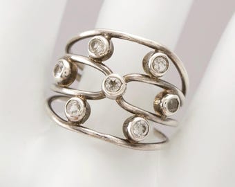 Vintage Sterling Silver Multi-Band Ring with Scattered White Topaz, Size 10